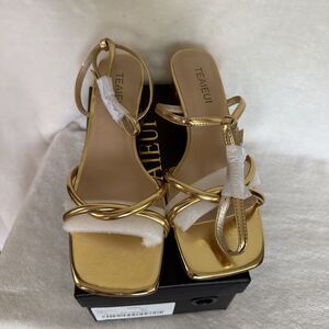 Teaieui Women's Square Toe Chunky Heal With Strap Gold Size 8.5 BNIB